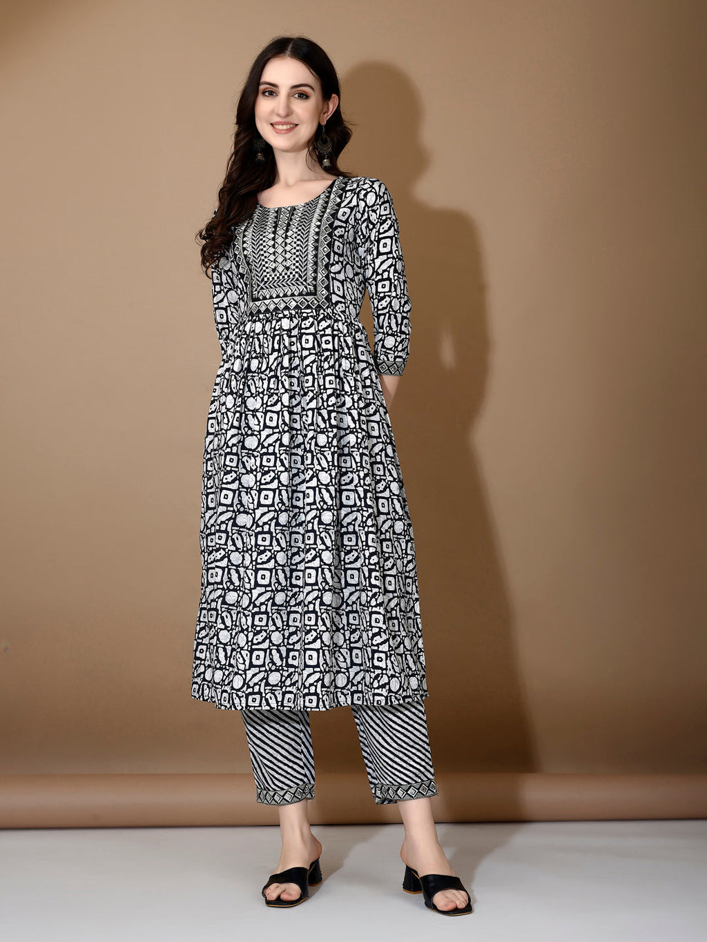 Embroidered & Printed Nyra Cut Kurta With Pant & Dupatta, Black - Hiral Fashion - Distacart