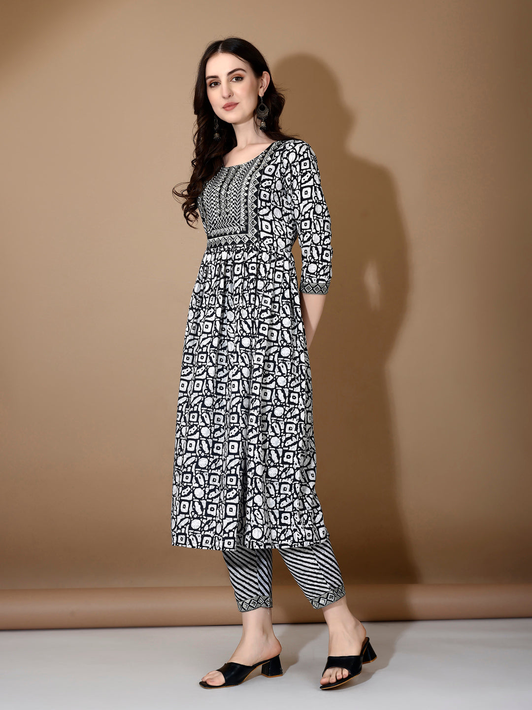 Embroidered & Printed Nyra Cut Kurta With Pant & Dupatta, Black - Hiral Fashion - Distacart