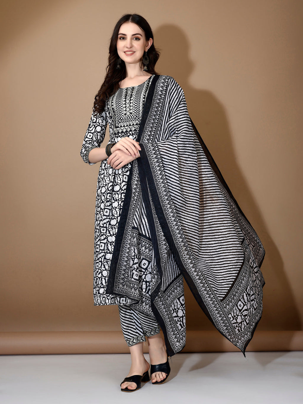 Embroidered & Printed Nyra Cut Kurta With Pant & Dupatta, Black - Hiral Fashion - Distacart