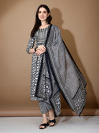 Embroidered & Printed Nyra Cut Kurta With Pant & Dupatta, Black - Hiral Fashion - Distacart