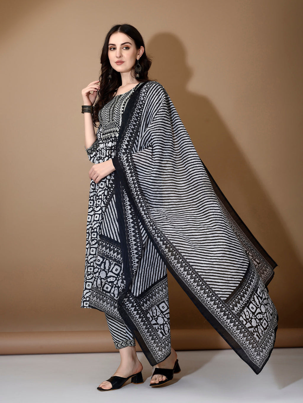 Embroidered & Printed Nyra Cut Kurta With Pant & Dupatta, Black - Hiral Fashion - Distacart