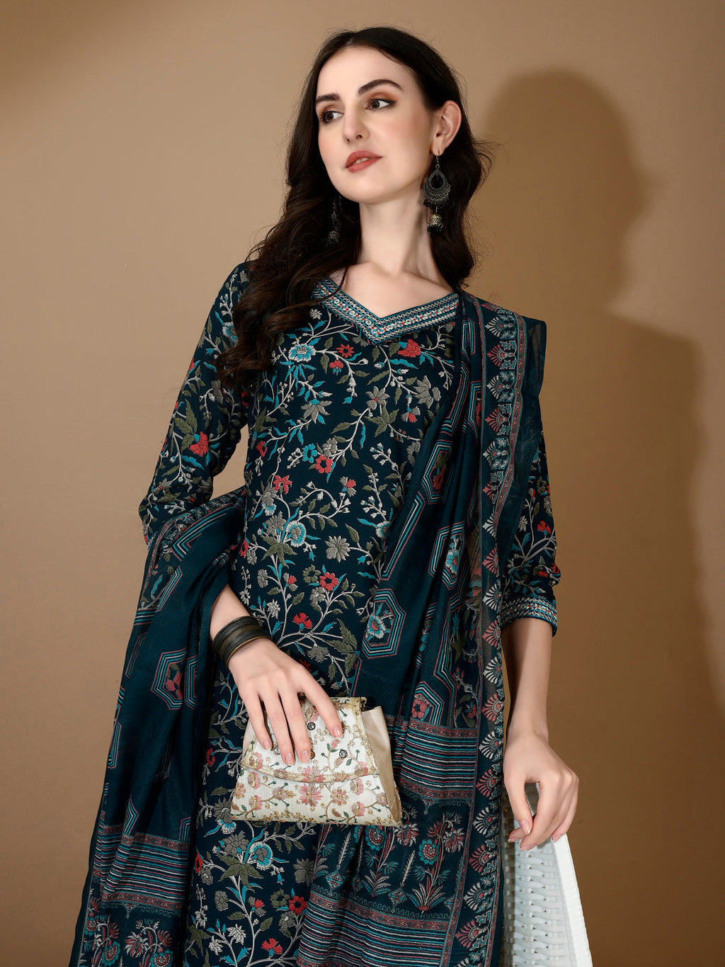 Embroidered & Printed Nyra Cut Kurta With Pant & Dupatta, Blue - Hiral Fashion - Distacart