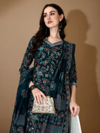Embroidered & Printed Nyra Cut Kurta With Pant & Dupatta, Blue - Hiral Fashion - Distacart
