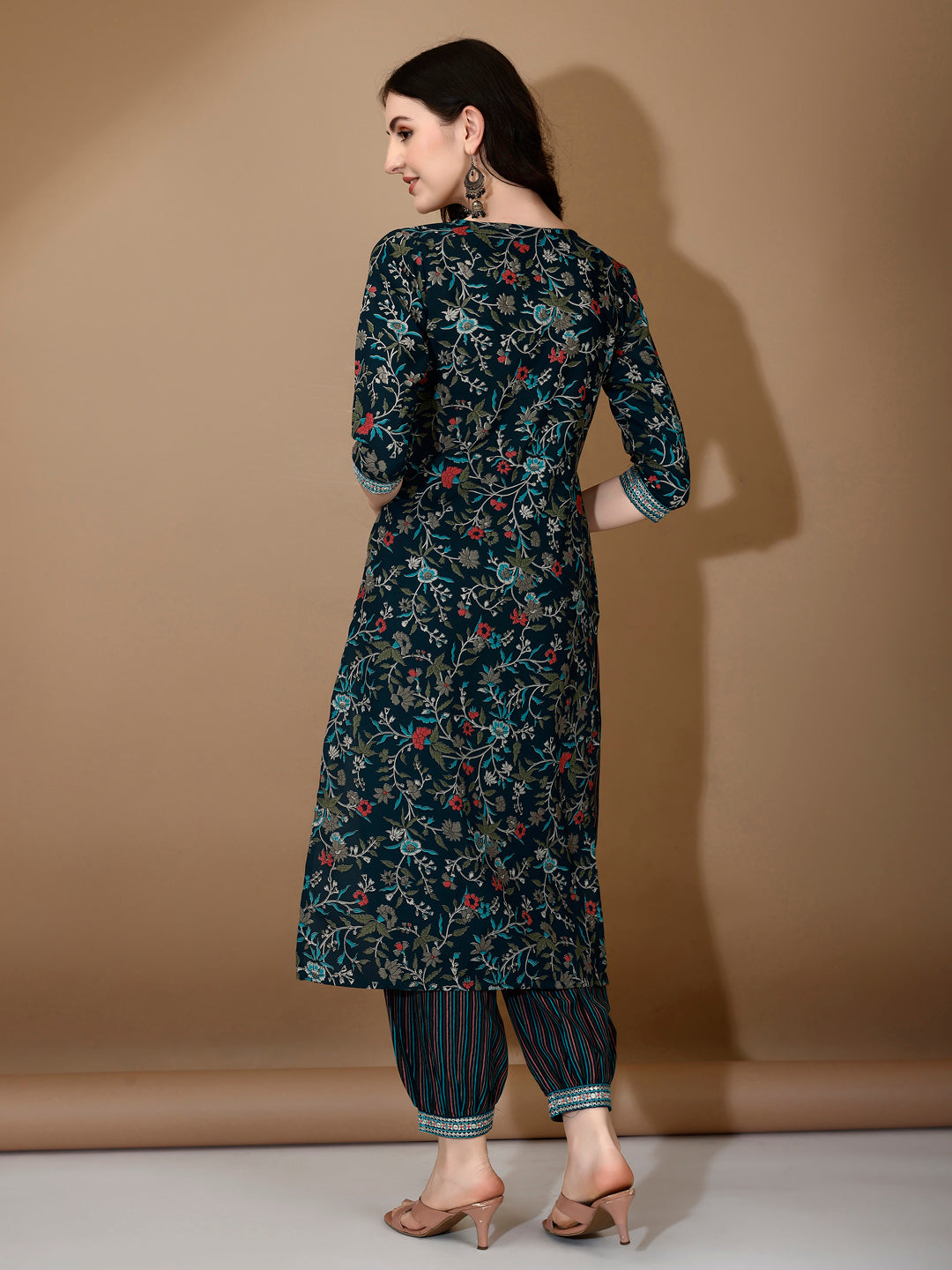 Embroidered & Printed Nyra Cut Kurta With Pant & Dupatta, Blue - Hiral Fashion - Distacart