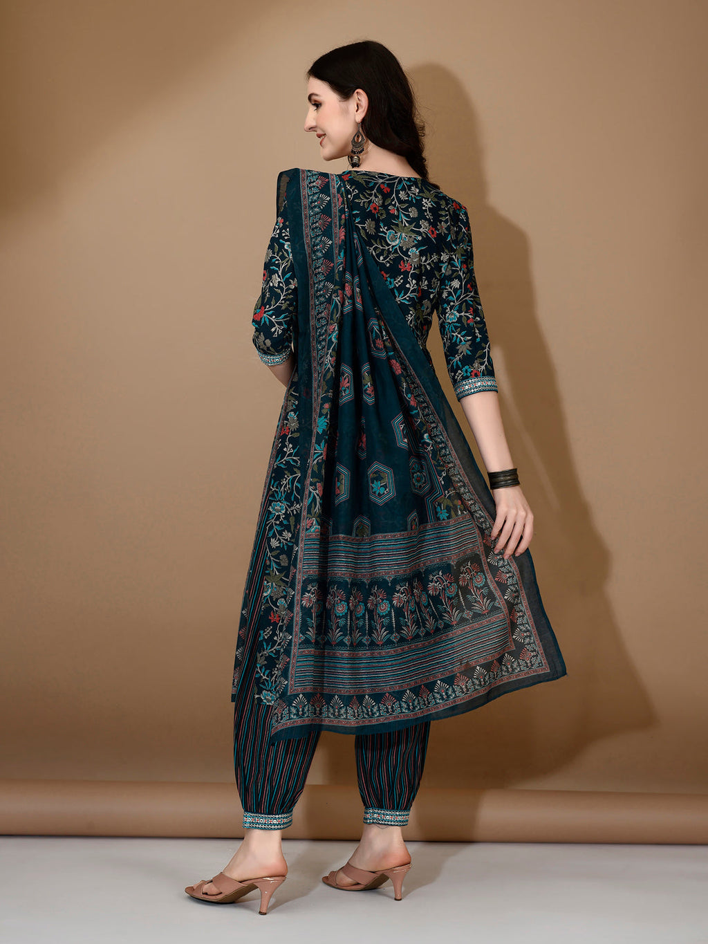 Embroidered & Printed Nyra Cut Kurta With Pant & Dupatta, Blue - Hiral Fashion - Distacart