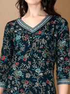 Embroidered & Printed Nyra Cut Kurta With Pant & Dupatta, Blue - Hiral Fashion - Distacart