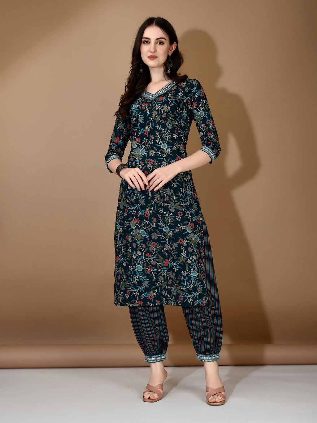 Embroidered & Printed Nyra Cut Kurta With Pant & Dupatta, Blue - Hiral Fashion - Distacart