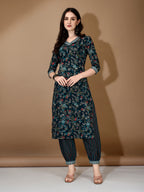 Embroidered & Printed Nyra Cut Kurta With Pant & Dupatta, Blue - Hiral Fashion - Distacart