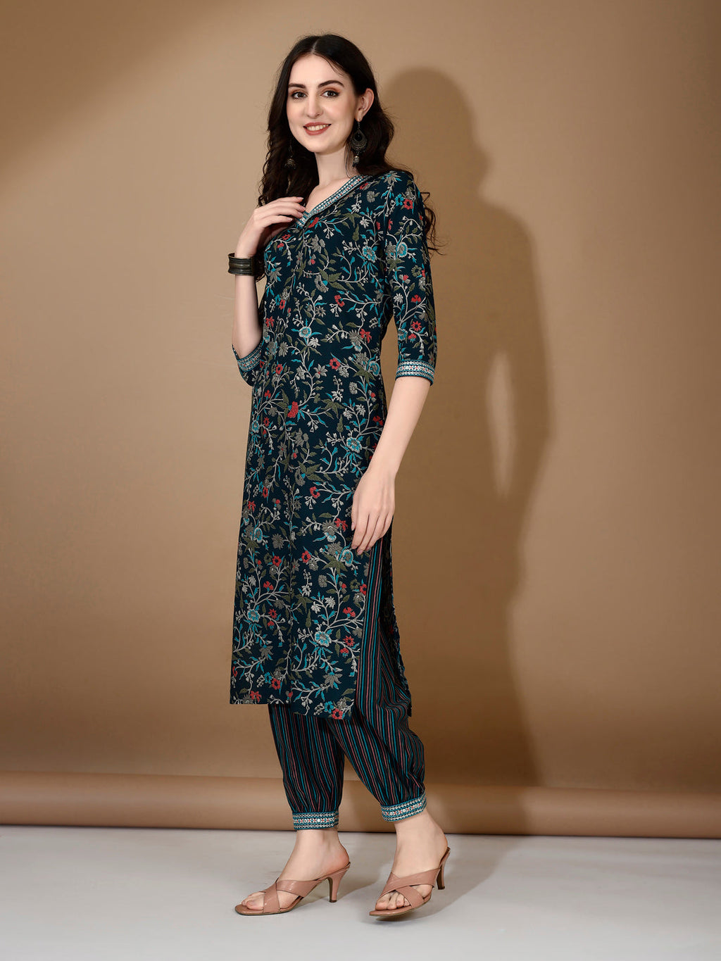 Embroidered & Printed Nyra Cut Kurta With Pant & Dupatta, Blue - Hiral Fashion - Distacart