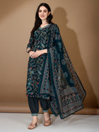 Embroidered & Printed Nyra Cut Kurta With Pant & Dupatta, Blue - Hiral Fashion - Distacart