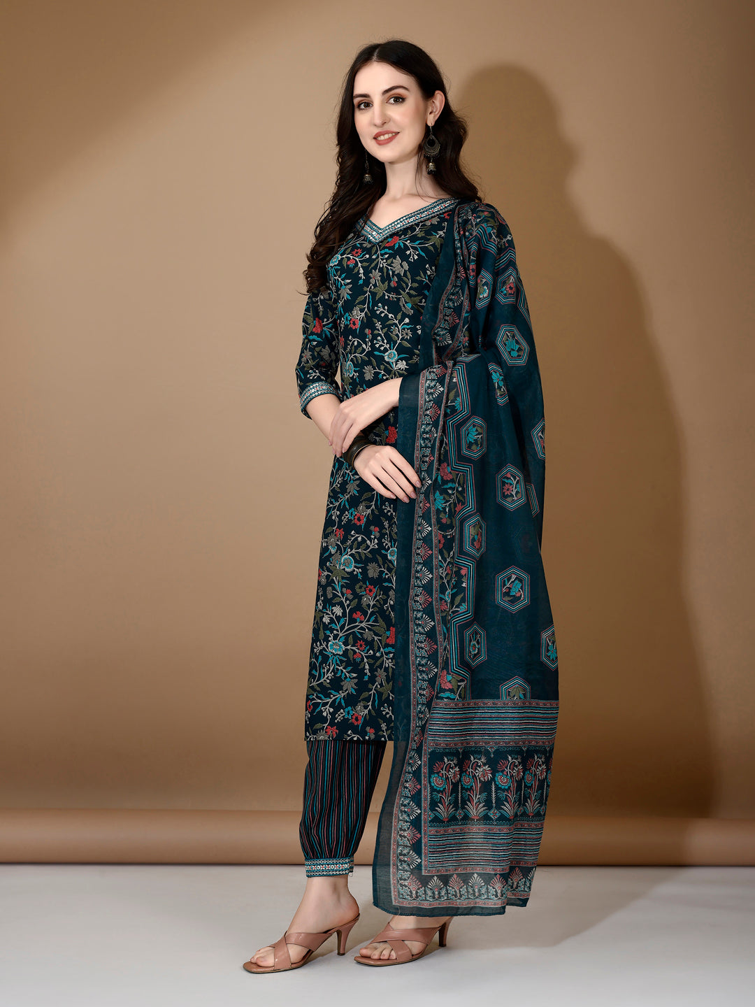 Embroidered & Printed Nyra Cut Kurta With Pant & Dupatta, Blue - Hiral Fashion - Distacart