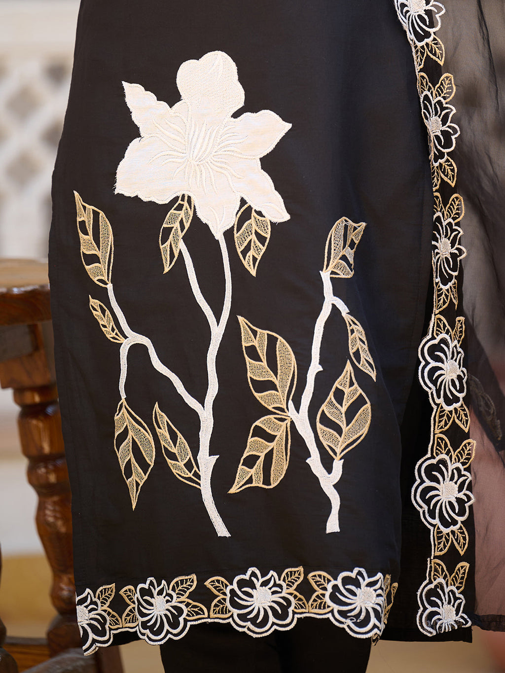 Embroidered Kurta With Pant & Embroidered Cut Work Organza Dupatta, Black - Hiral Fashion - Distacart
