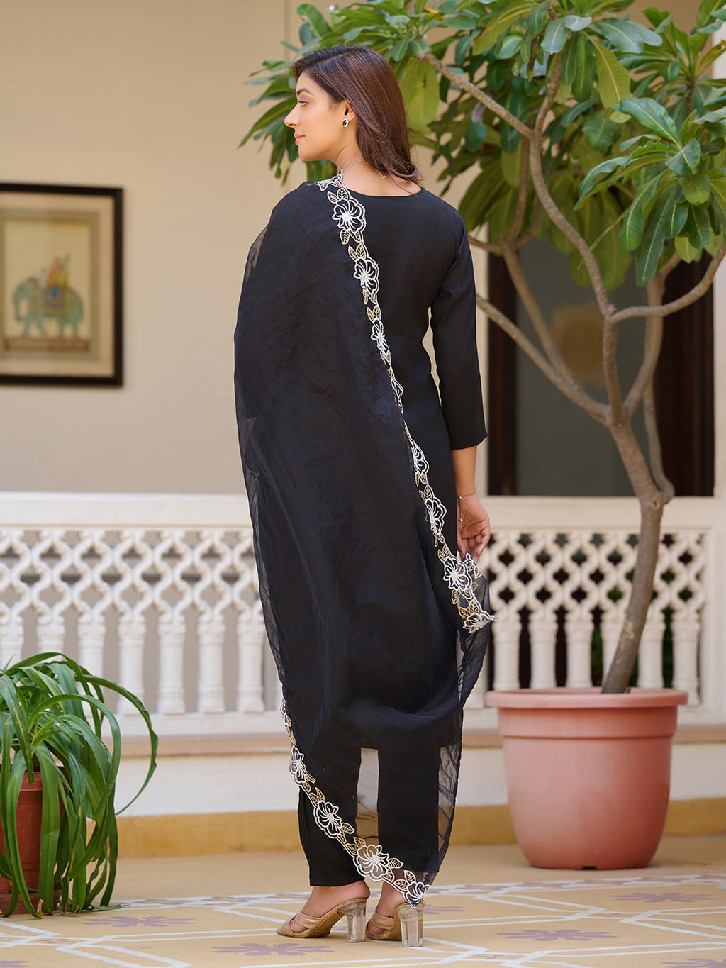 Embroidered Kurta With Pant & Embroidered Cut Work Organza Dupatta, Black - Hiral Fashion - Distacart