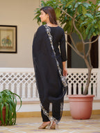 Embroidered Kurta With Pant & Embroidered Cut Work Organza Dupatta, Black - Hiral Fashion - Distacart