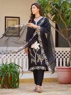 Embroidered Kurta With Pant & Embroidered Cut Work Organza Dupatta, Black - Hiral Fashion - Distacart