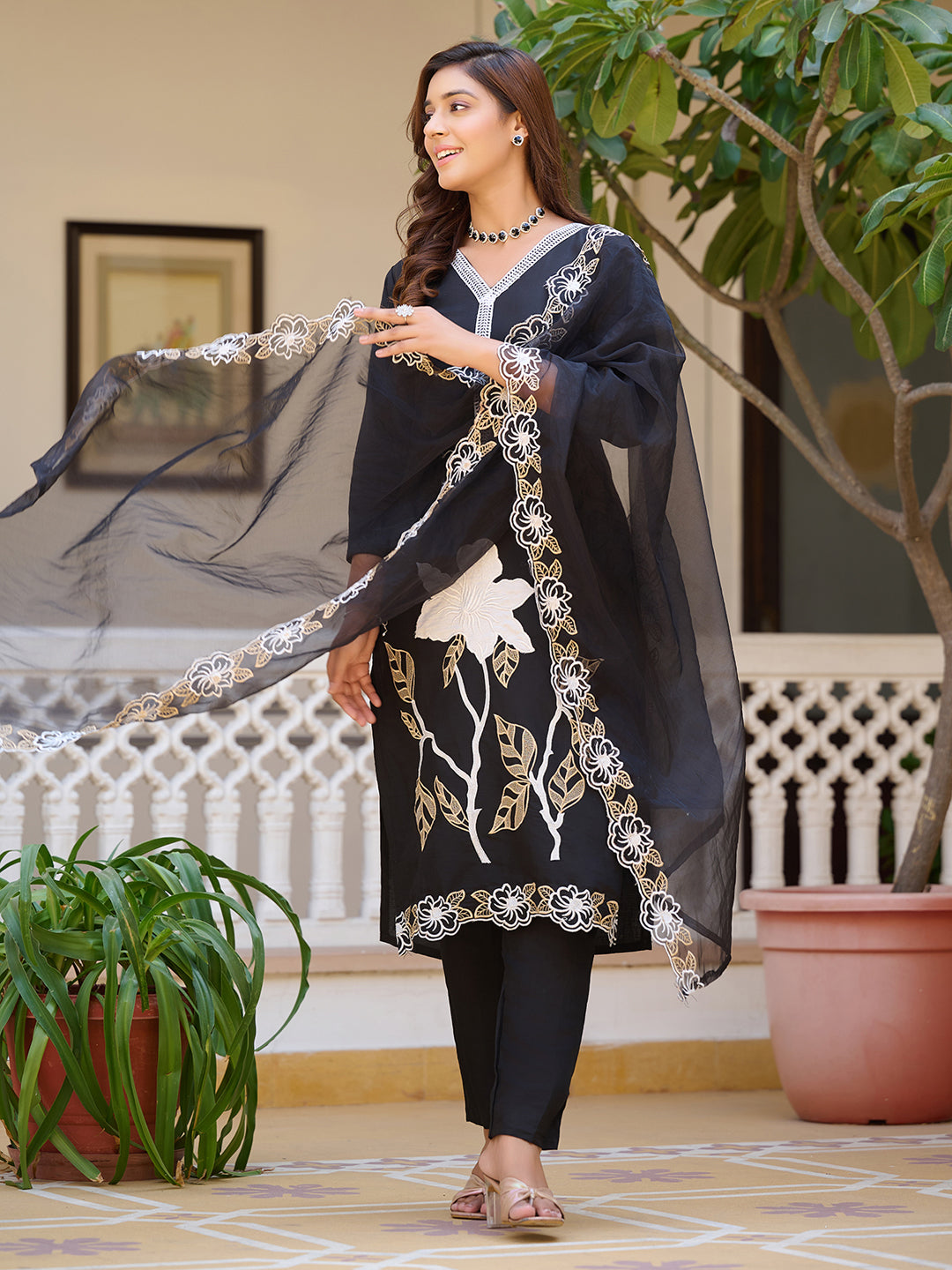 Embroidered Kurta With Pant & Embroidered Cut Work Organza Dupatta, Black - Hiral Fashion - Distacart