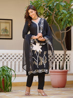 Embroidered Kurta With Pant & Embroidered Cut Work Organza Dupatta, Black - Hiral Fashion - Distacart