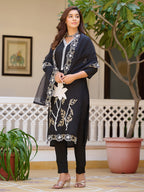 Embroidered Kurta With Pant & Embroidered Cut Work Organza Dupatta, Black - Hiral Fashion - Distacart