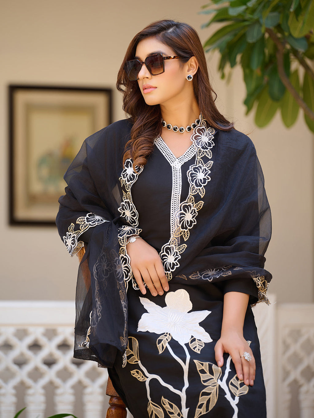 Embroidered Kurta With Pant & Embroidered Cut Work Organza Dupatta, Black - Hiral Fashion - Distacart