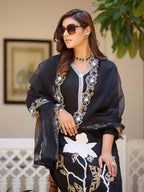 Embroidered Kurta With Pant & Embroidered Cut Work Organza Dupatta, Black - Hiral Fashion - Distacart