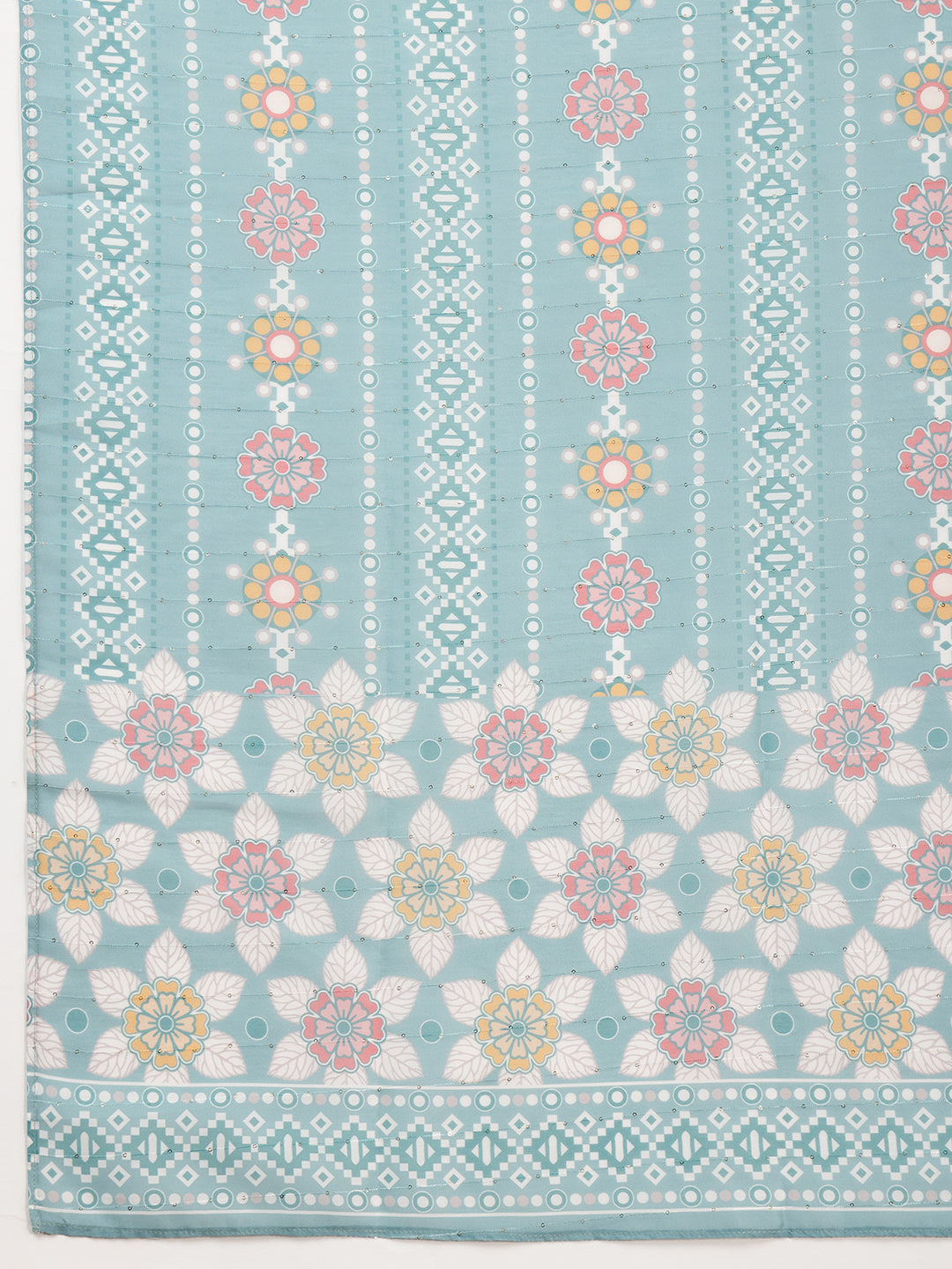 Floral Embroidered Tie Up Neck Kurta With Pant & Dupatta, Turquoise - Hiral Fashion - Distacart