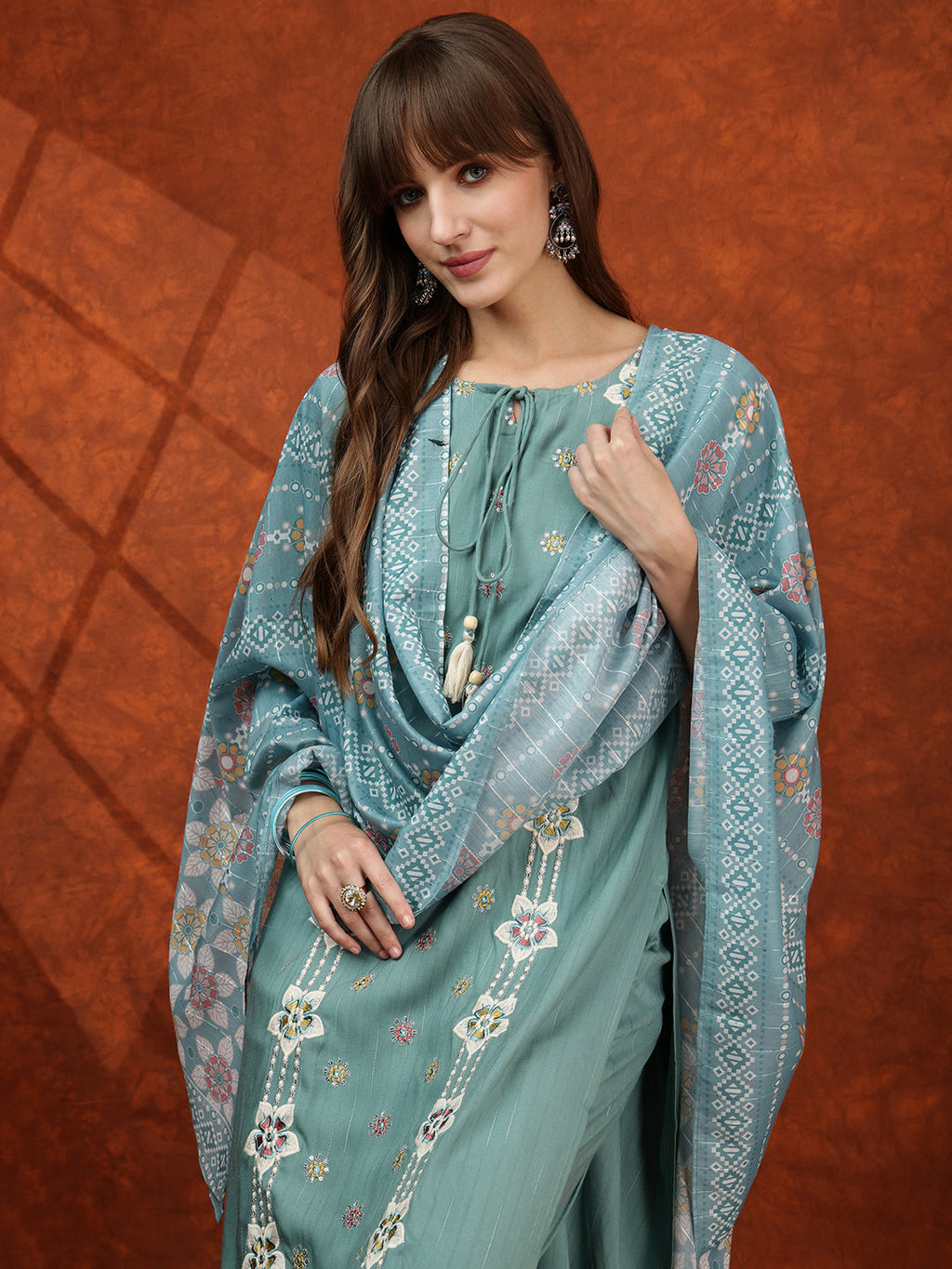 Floral Embroidered Tie Up Neck Kurta With Pant & Dupatta, Turquoise - Hiral Fashion - Distacart