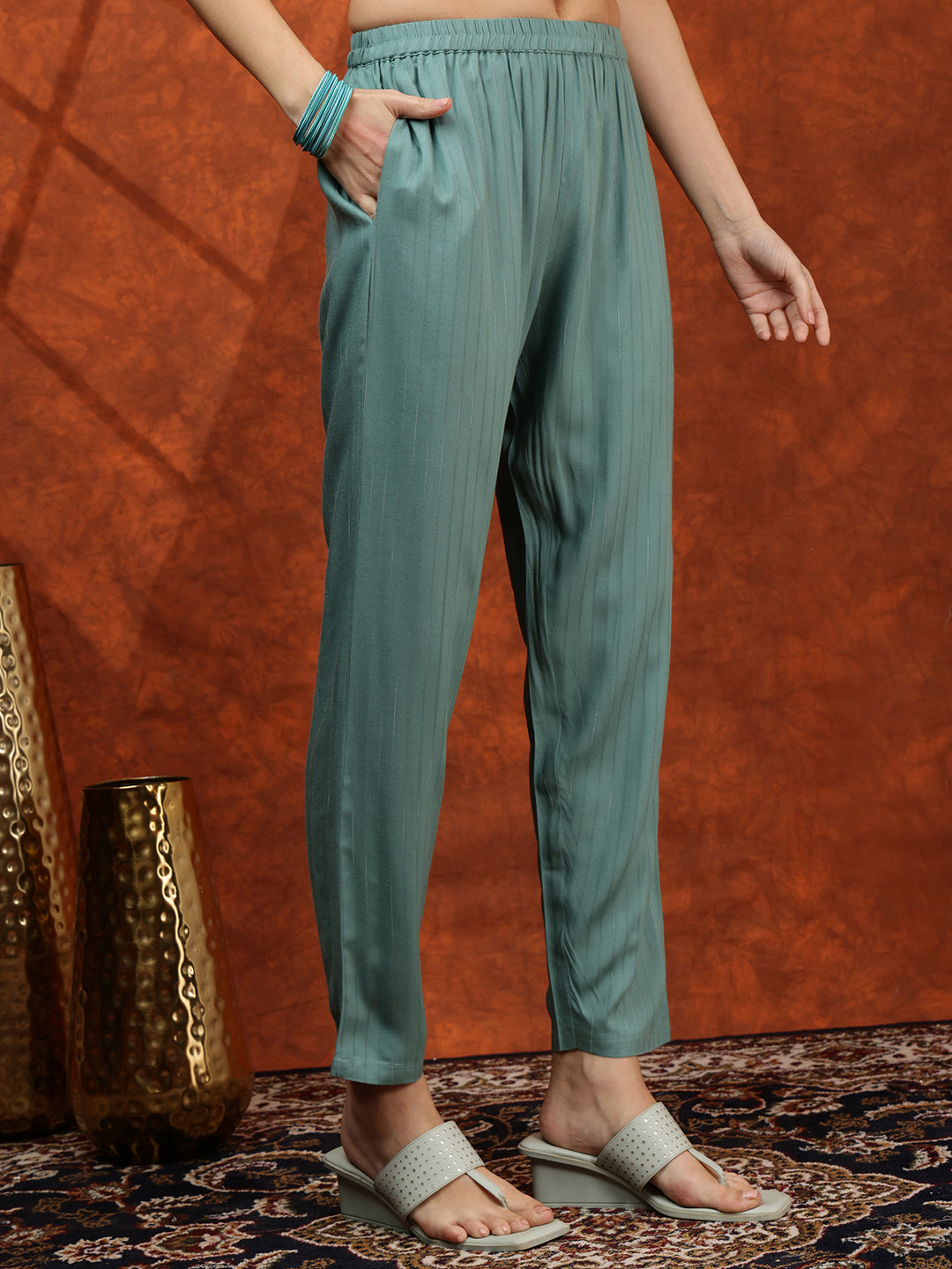 Floral Embroidered Tie Up Neck Kurta With Pant & Dupatta, Turquoise - Hiral Fashion - Distacart