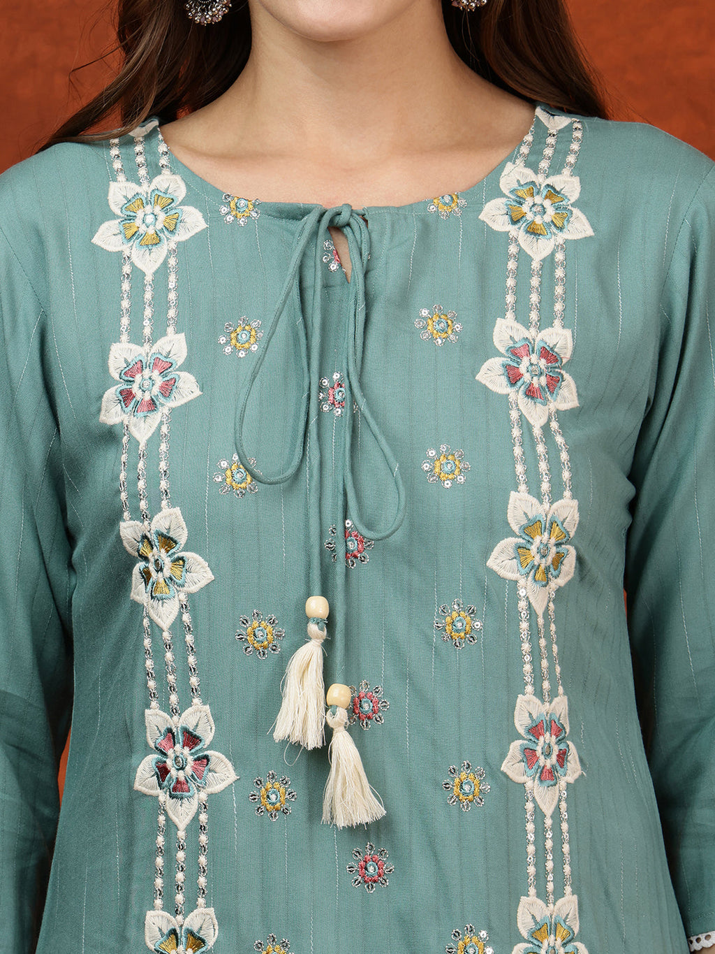 Floral Embroidered Tie Up Neck Kurta With Pant & Dupatta, Turquoise - Hiral Fashion - Distacart