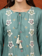 Floral Embroidered Tie Up Neck Kurta With Pant & Dupatta, Turquoise - Hiral Fashion - Distacart