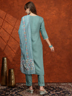 Floral Embroidered Tie Up Neck Kurta With Pant & Dupatta, Turquoise - Hiral Fashion - Distacart