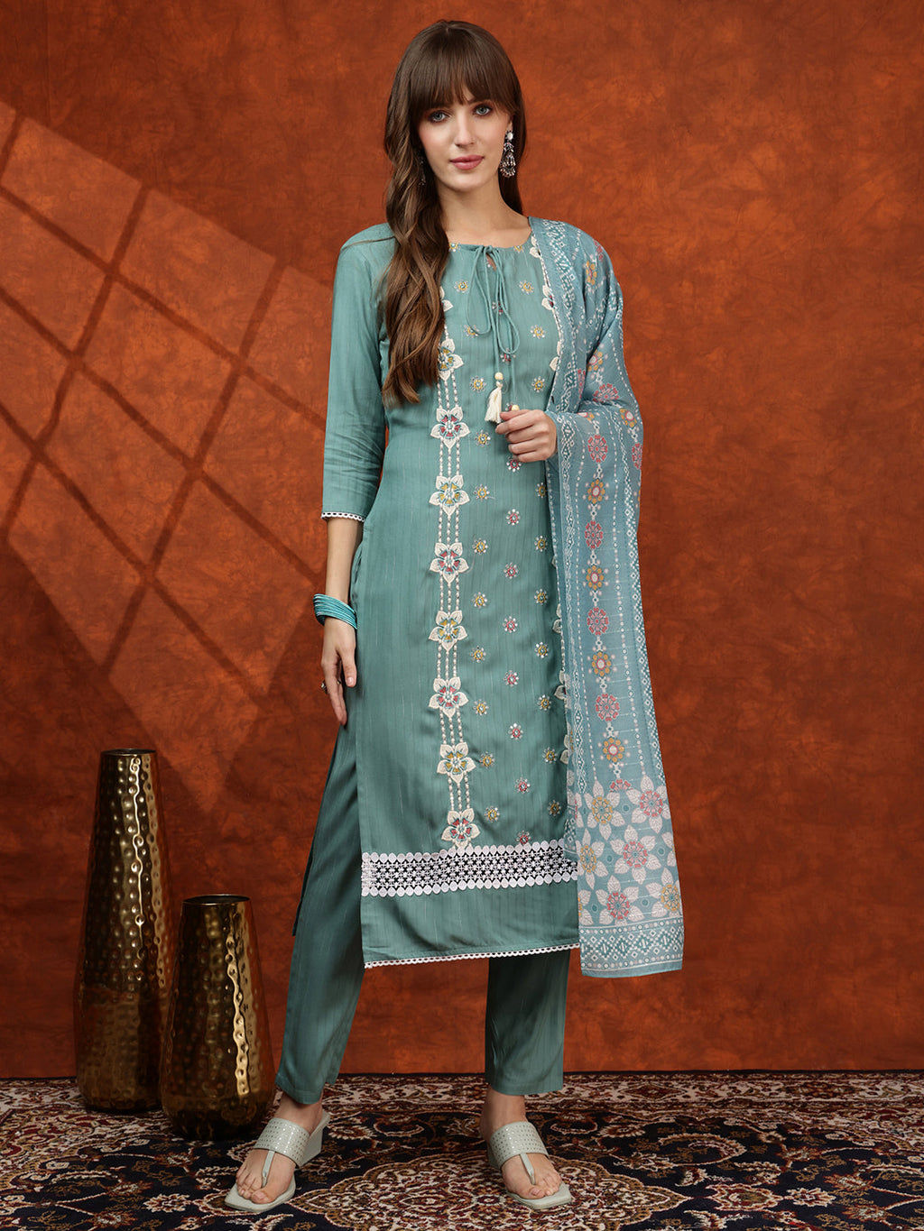 Floral Embroidered Tie Up Neck Kurta With Pant & Dupatta, Turquoise - Hiral Fashion - Distacart