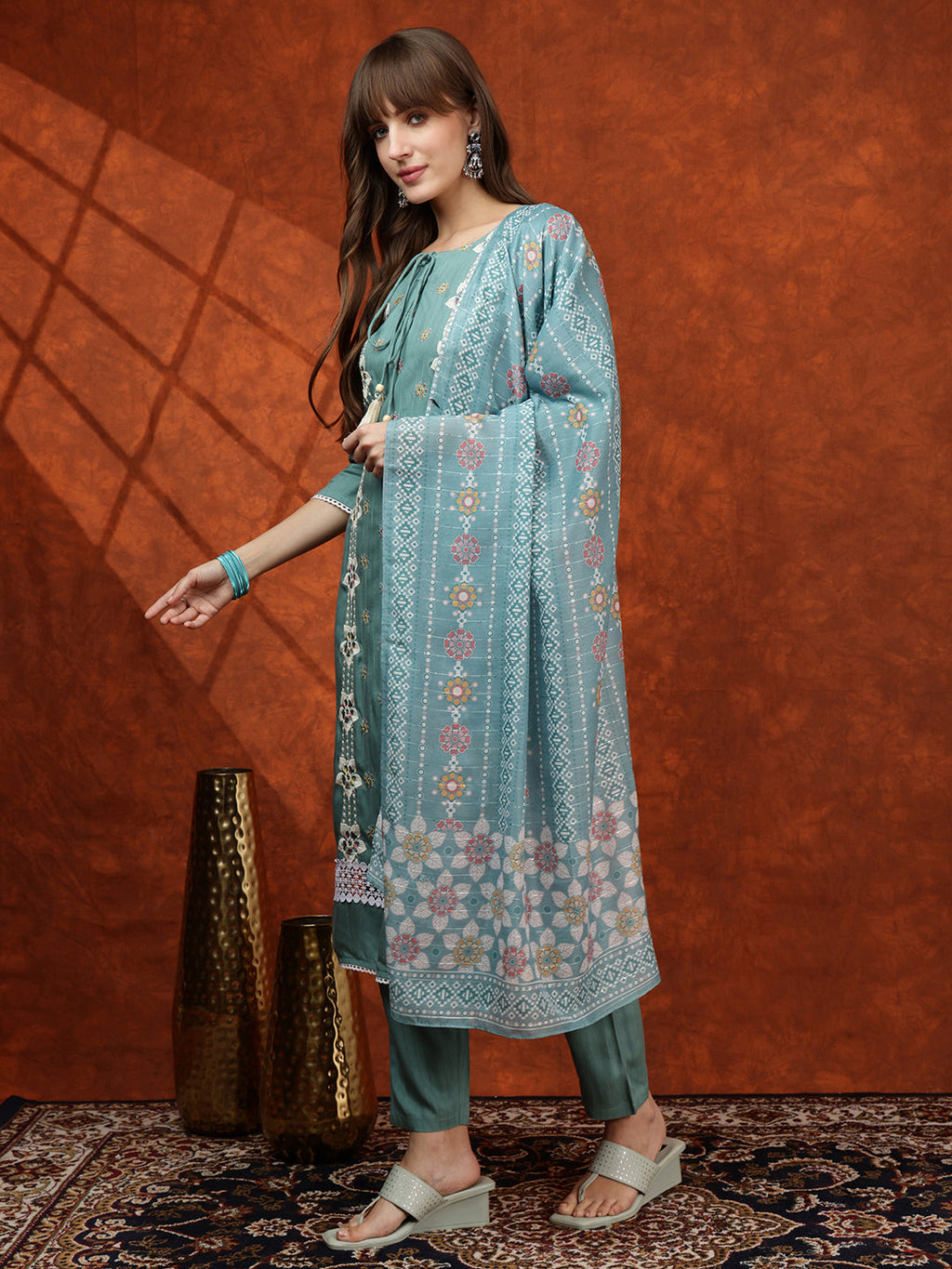 Floral Embroidered Tie Up Neck Kurta With Pant & Dupatta, Turquoise - Hiral Fashion - Distacart