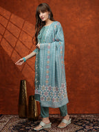 Floral Embroidered Tie Up Neck Kurta With Pant & Dupatta, Turquoise - Hiral Fashion - Distacart