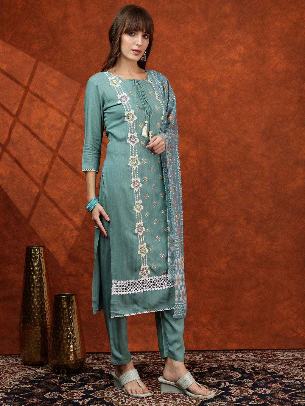 Floral Embroidered Tie Up Neck Kurta With Pant & Dupatta, Turquoise - Hiral Fashion - Distacart