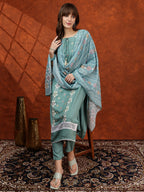 Floral Embroidered Tie Up Neck Kurta With Pant & Dupatta, Turquoise - Hiral Fashion - Distacart