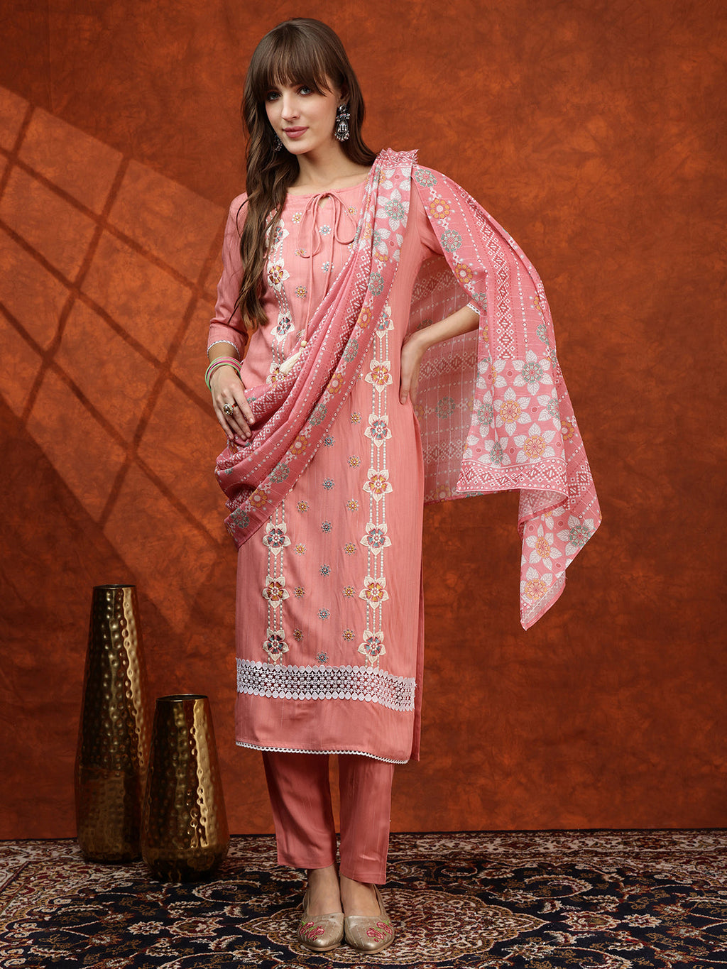 Floral Embroidered Tie Up Neck Kurta With Pant & Dupatta, Pink - Hiral Fashion - Distacart