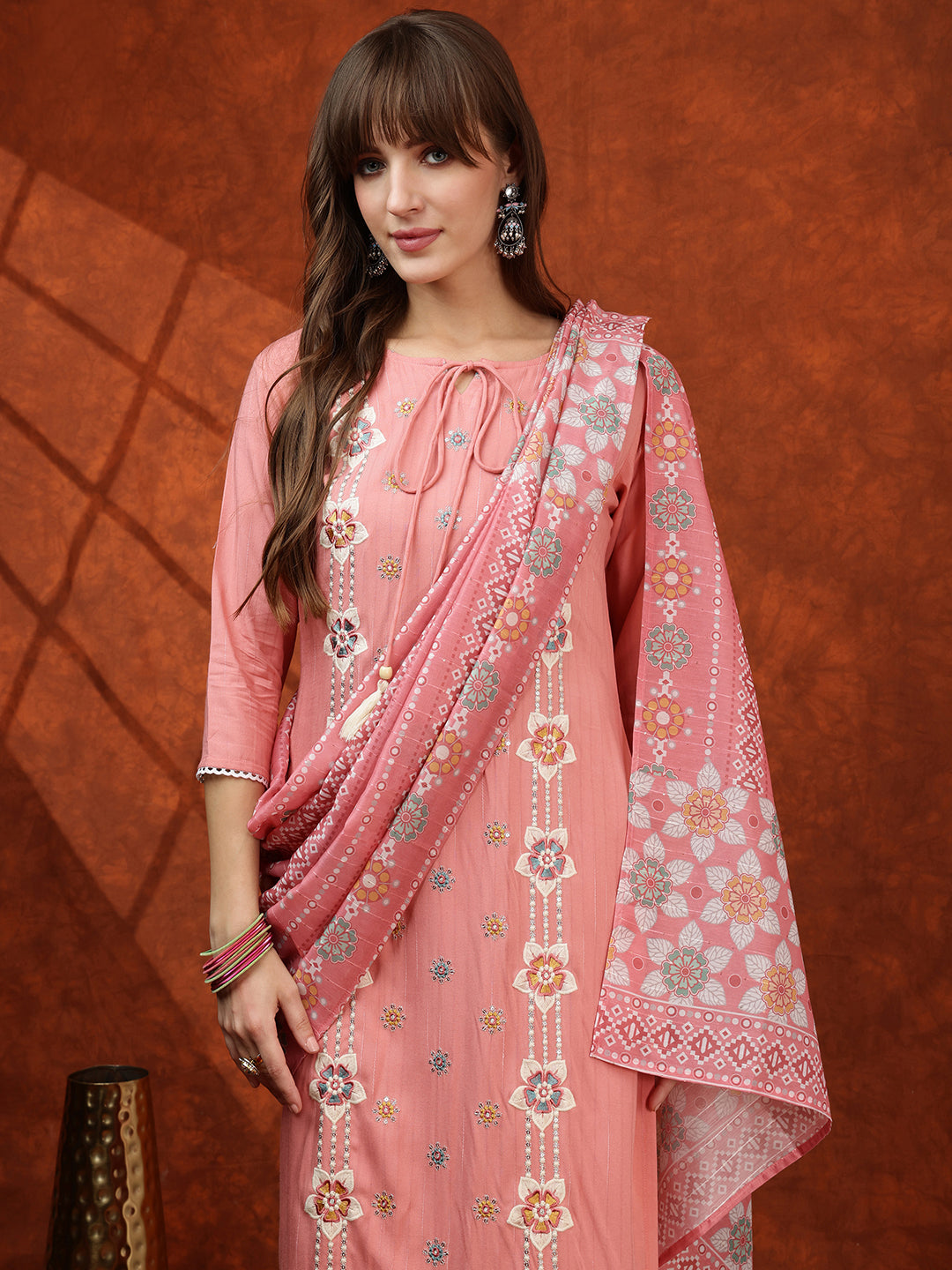 Floral Embroidered Tie Up Neck Kurta With Pant & Dupatta, Pink - Hiral Fashion - Distacart