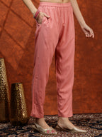 Floral Embroidered Tie Up Neck Kurta With Pant & Dupatta, Pink - Hiral Fashion - Distacart