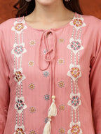 Floral Embroidered Tie Up Neck Kurta With Pant & Dupatta, Pink - Hiral Fashion - Distacart