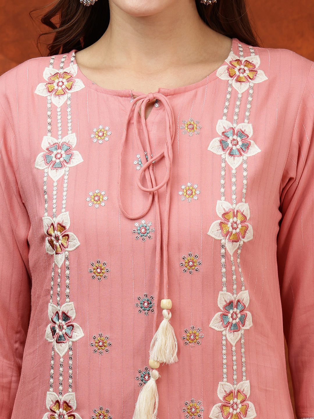 Floral Embroidered Tie Up Neck Kurta With Pant & Dupatta, Pink - Hiral Fashion - Distacart