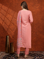Floral Embroidered Tie Up Neck Kurta With Pant & Dupatta, Pink - Hiral Fashion - Distacart