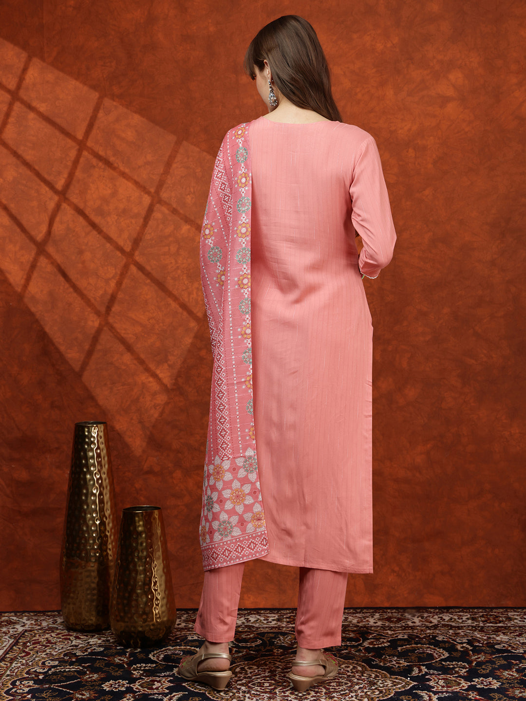 Floral Embroidered Tie Up Neck Kurta With Pant & Dupatta, Pink - Hiral Fashion - Distacart