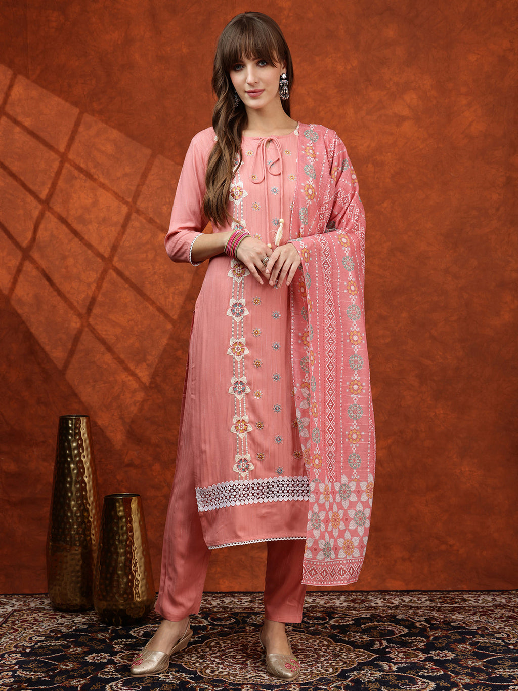 Floral Embroidered Tie Up Neck Kurta With Pant & Dupatta, Pink - Hiral Fashion - Distacart