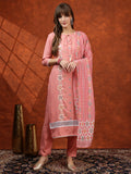 Floral Embroidered Tie Up Neck Kurta With Pant & Dupatta, Pink - Hiral Fashion - Distacart