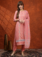 Floral Embroidered Tie Up Neck Kurta With Pant & Dupatta, Pink - Hiral Fashion - Distacart