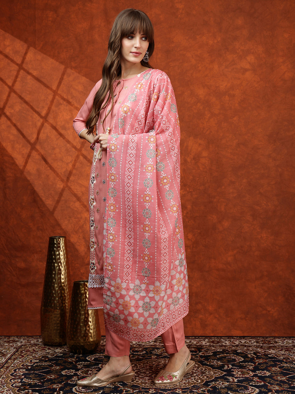 Floral Embroidered Tie Up Neck Kurta With Pant & Dupatta, Pink - Hiral Fashion - Distacart