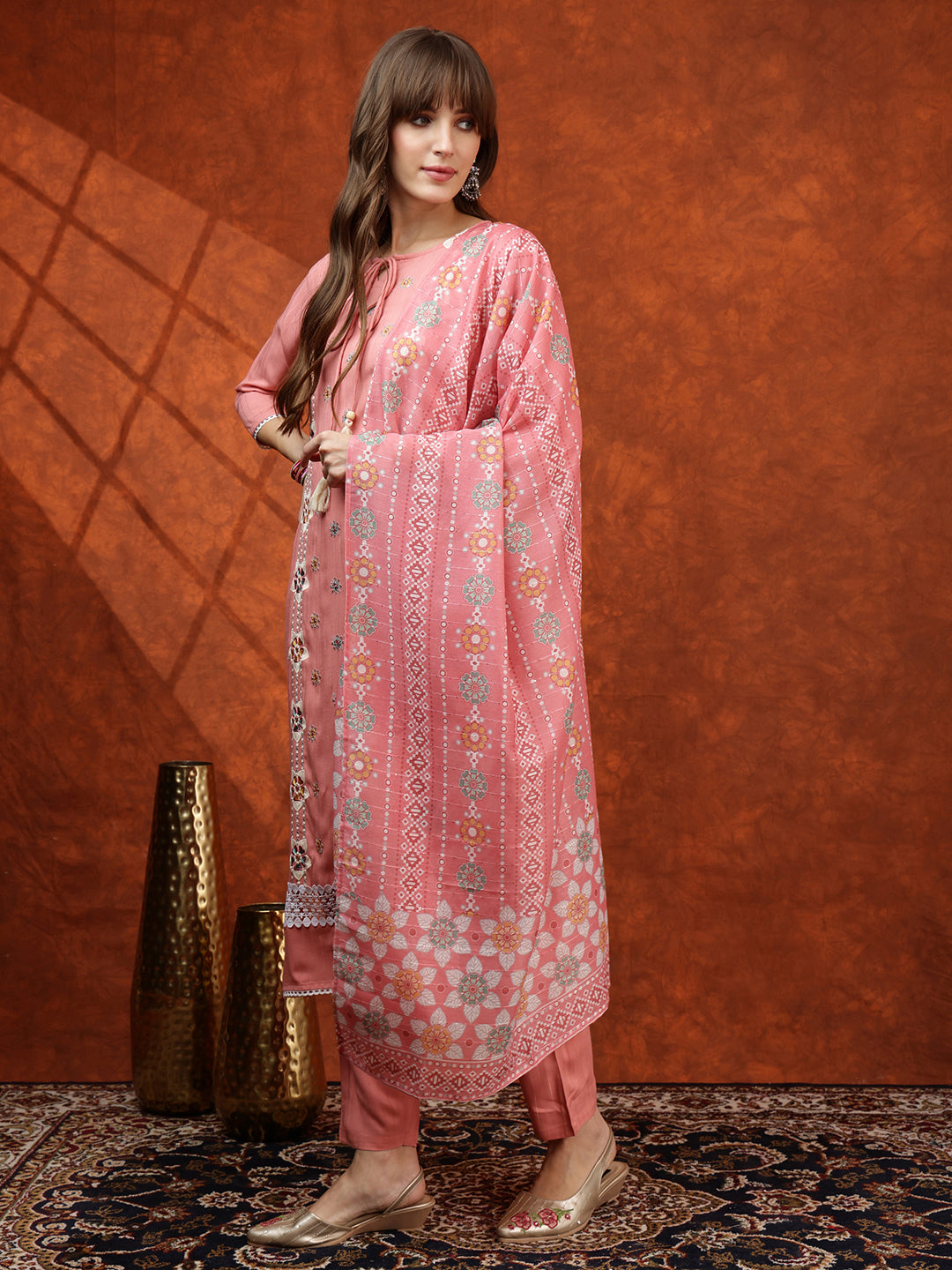 Floral Embroidered Tie Up Neck Kurta With Pant & Dupatta, Pink - Hiral Fashion - Distacart