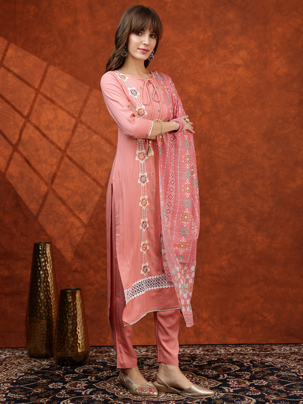 Floral Embroidered Tie Up Neck Kurta With Pant & Dupatta, Pink - Hiral Fashion - Distacart