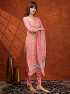 Floral Embroidered Tie Up Neck Kurta With Pant & Dupatta, Pink - Hiral Fashion - Distacart