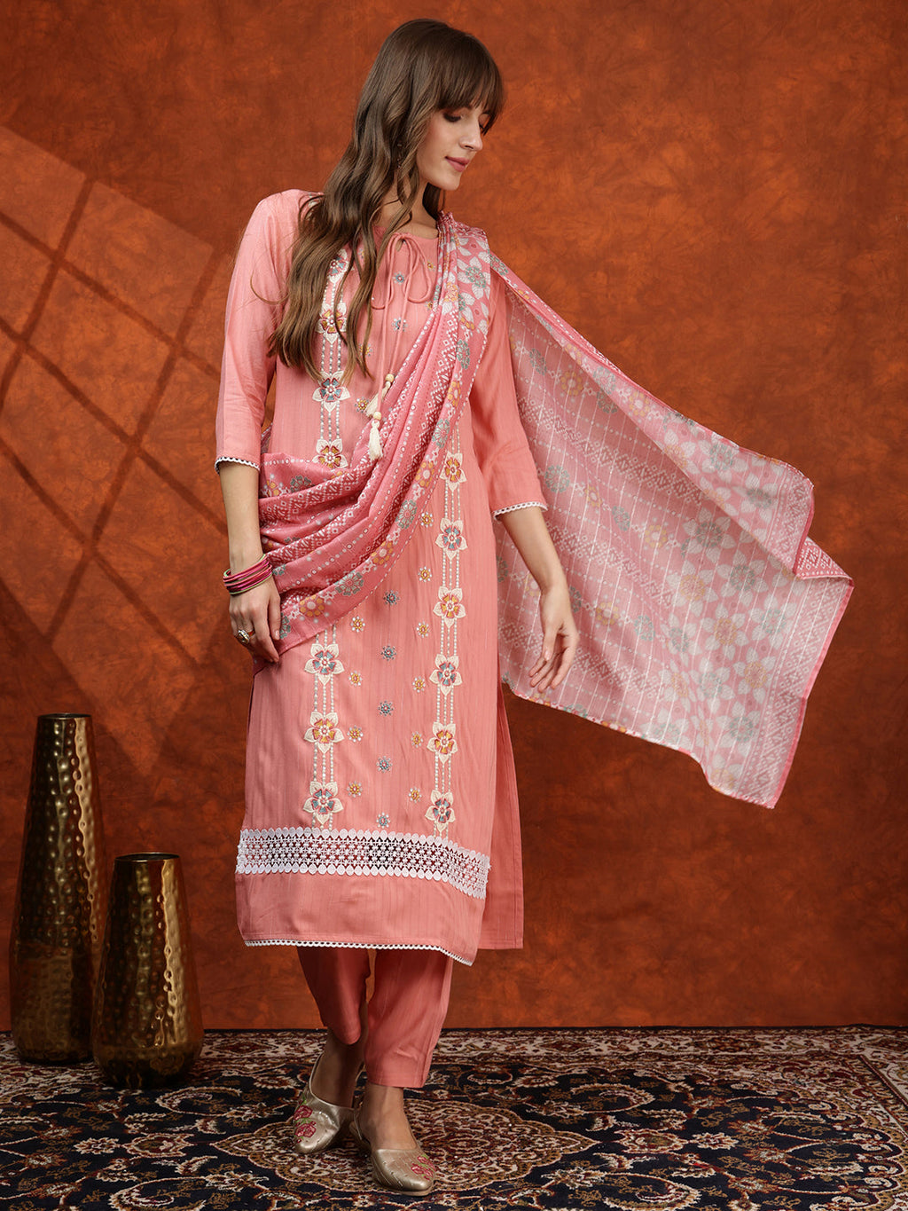 Floral Embroidered Tie Up Neck Kurta With Pant & Dupatta, Pink - Hiral Fashion - Distacart